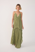 VESTIDO LONGO CREPE DRAPEADO VERDE NATUREZA