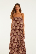 VESTIDO LONGO BABADOS LEQUE DE PAVAO